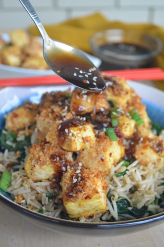 Baked Panko Crusted Sesame Tofu and Bokchoy Fried Ricce Bowl
