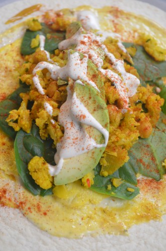 vegetarian chickpea and cauliflower spinach and egg wrap