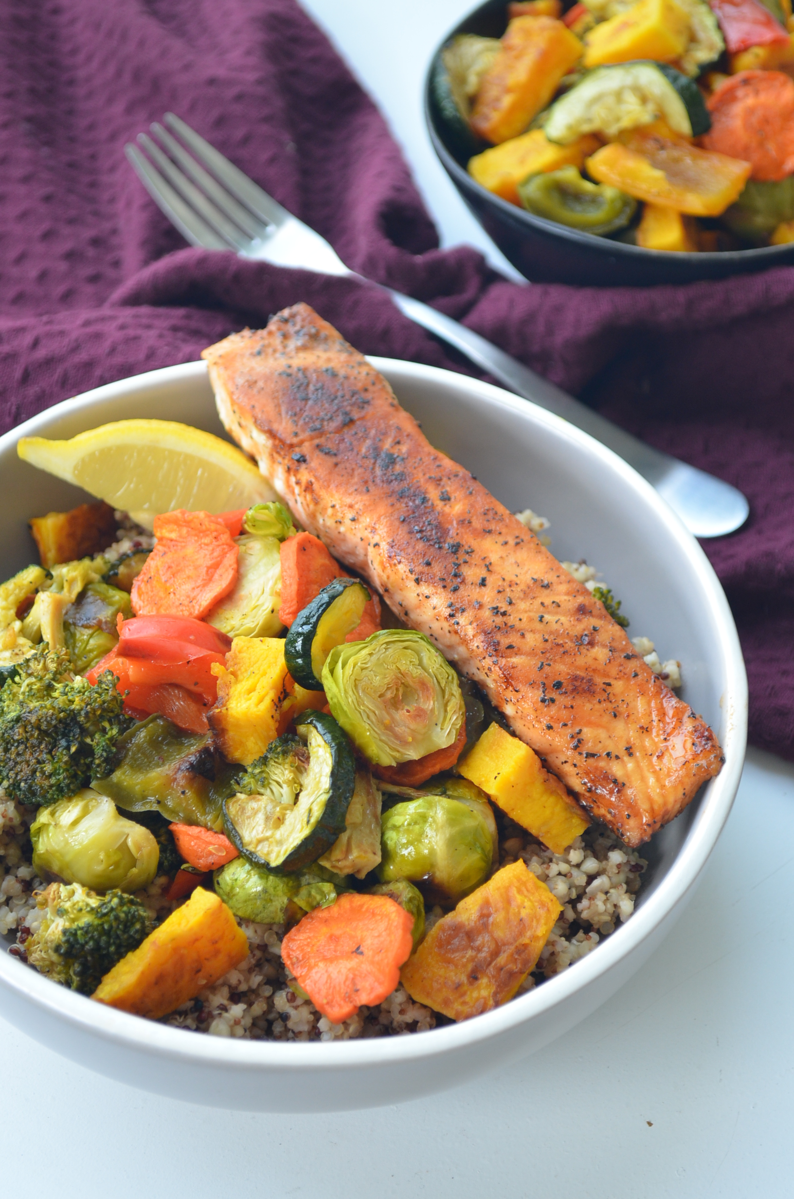 Pan Seared Salmon and Quinoa Veggie Bowl