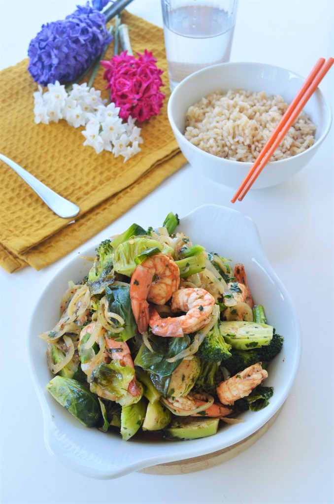 Broccoli and Brussels Sprout Shrimp Stir-Fry